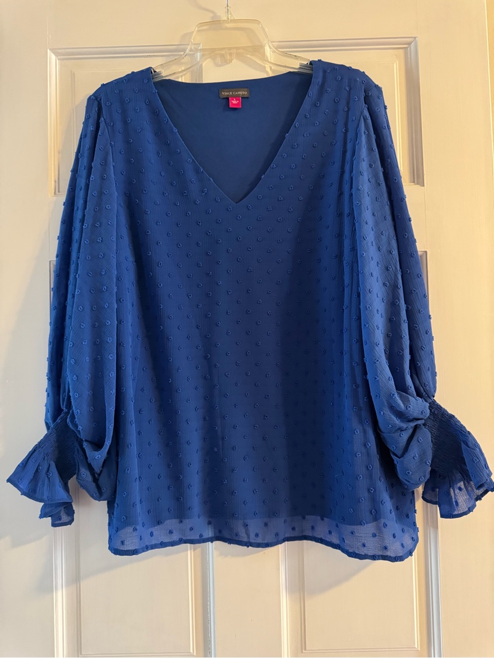 Vince Camuto Cobalt Blue V-Neck Swiss Dot Blouse
